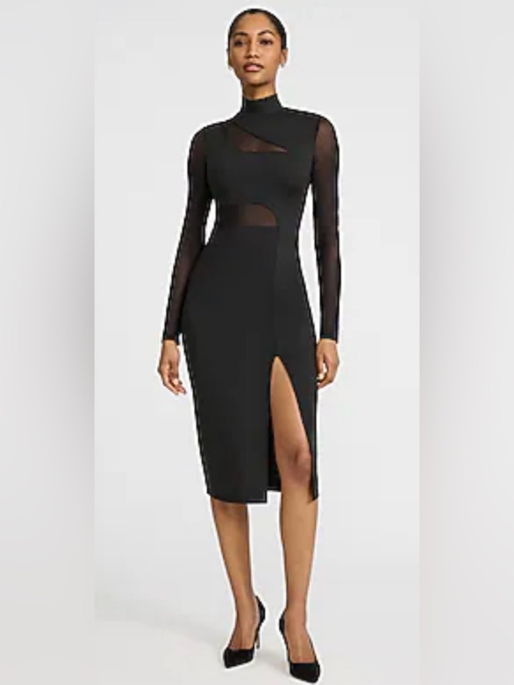 Express Elegant Black long Sheer Sleeve Body-con form fitting Dress side slit S